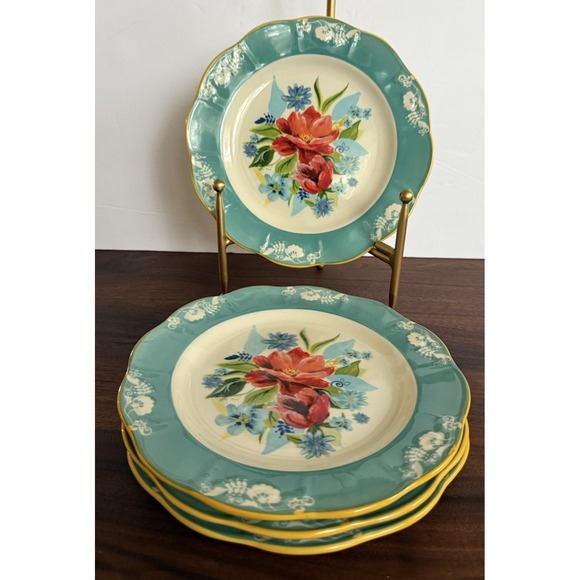 The Pioneer Woman Other - Pioneer Woman Spring Bouquet Salad Dessert Plates 9" Set of 4 Yellow Teal Floral